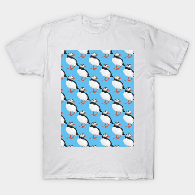 Puffin pattern on blue T-Shirt by IslesArt